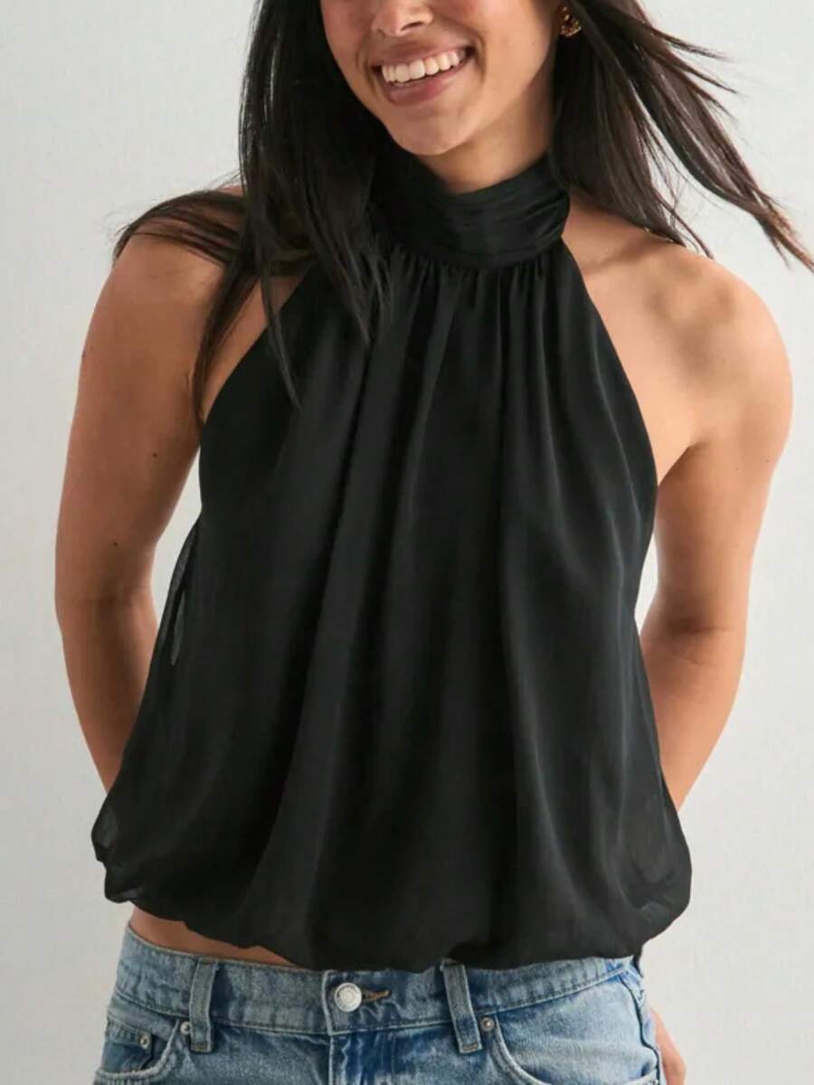 Women Cute Puffy Halterneck Top Sleeveless Open Back Tank Tops Fashion Button Neck Crop Tops Summer Y2K Loose Vest For Club Party Streetwear Going Out - 黑色 - 查看 1