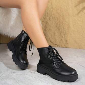 Botas de mujer, botas cortas, botas cortas de estilo británico con suela gruesa, botas de motocicleta, botas hasta el tobillo, cómodas para exteriores, botas negras, tallas 35-42