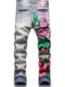 Men's Casual Printed Jeans Skinny Denim Pantshalloween - 白色 - 查看 2