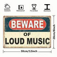Tin Metal Sign Beware Loud Music Retro Metal Tin Sign Vintage Wall Art Home Bar Garage Music Room Decor Funny Novelty Gift Caution Sign Aged Look Wall Art Galvanized Iron Sign - 彩色 - 查看 5