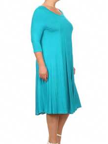 Plus Size Casual 3/4 Sleeves Basic A-Line Pleated Solid Midi Dress  Wedding - Jade - View 3