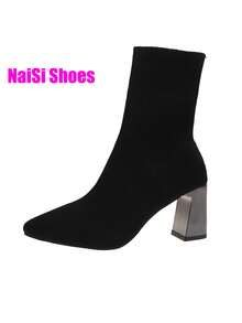 女式2025新款粗跟尖头靴，弹力修身靴，袜靴，高跟短靴，系带，黑色保暖靴，高跟中筒粗跟靴，舒适时尚尖头高跟鞋，休闲优雅靴子，黑色靴子，红色靴子，棕色靴子，咖啡靴 - 黑色 - 查看 7