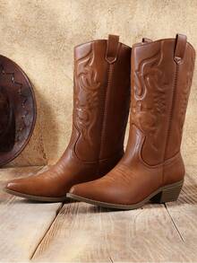 Women'S Cowboy Western Boots Point Toe Pull On Cowgirl Boots  Embroidered Detail Chunky Heeled Spring And Winter Back To School Party Festival Matching Dress Mid Calf CAMEL Boots - 駝色 - 查看 10