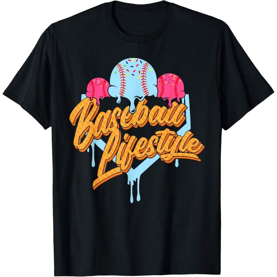 Baseball Lifestyle Home Plate Ice Cream Drip Men Boys Kids T-Shirt - 黑色3 - 查看 1