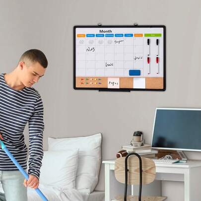 24"X 18" Monthly Calendar Whiteboard & Cork Board Combo With Aluminum Frame – 2-In-1 Magnetic Dry Erase Bulletin Board For Wall Mount – Ideal For School, Home, Office