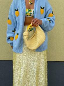 Senya Women's 3D Lemon Pattern V-Neck Long Sleeve Plus Size Knitted Cardigan, Baby Blue Romantic Daily, Holiday, Casual Loose Jumper Jacket, Valentine's Day, Dating Tops