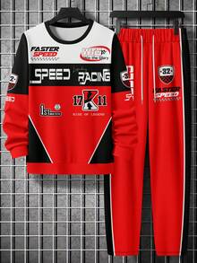 男士字母印花卫衣和裤子休闲套装，适合春秋季穿着 - 彩色 - 查看 2