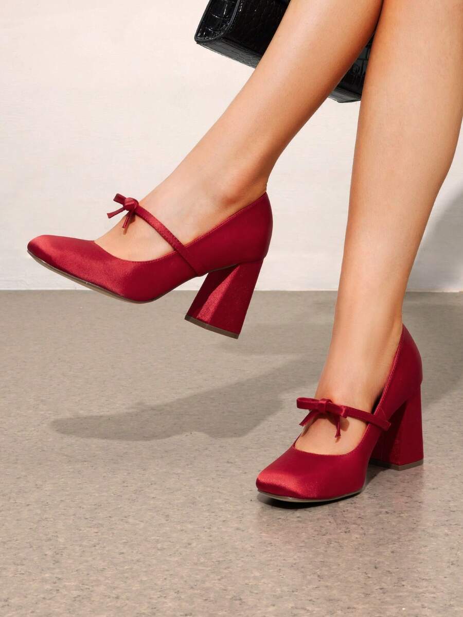 Women's Chunky Heels Mary Jane Pumps Bow Cute Square Closed Toe Elegant Comfortable Party Dress Shoes - 紅色 - 查看 1