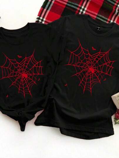 Manfinity Homme Camiseta negra informal unisex con estampado de telarañas y corazones para el Día de San Valentín, gran regalo para el novio