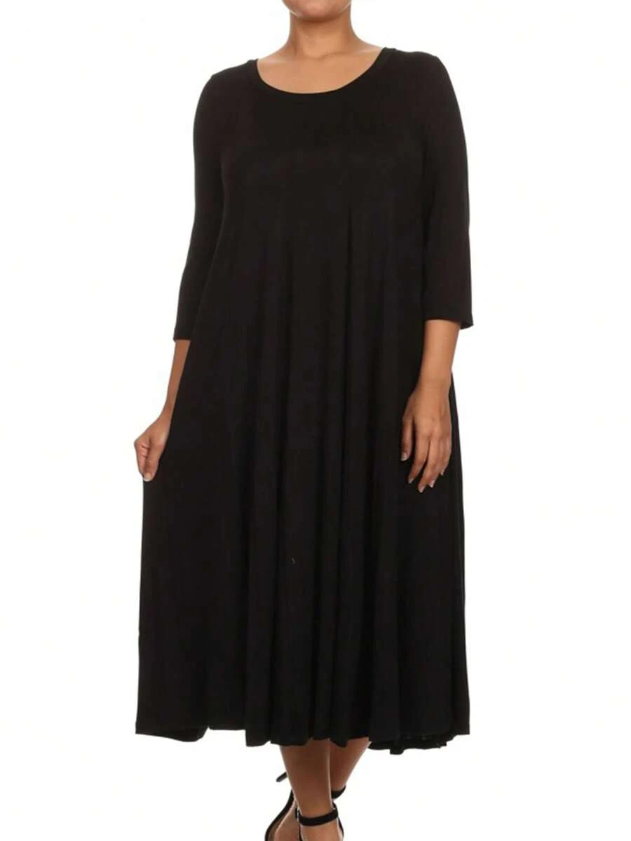 Plus Size Casual 3/4 Sleeves Basic A-Line Pleated Solid Midi Dress  Wedding - Black - View 1