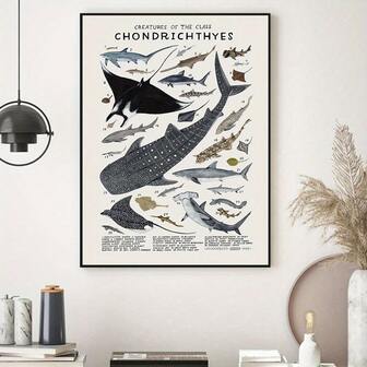 Modern Art Optional Wooden Frame 1PC Canvas Poster - Cartilaginous Fish Shark, Ray, Ray Mural - Ideal Gift For Bedroom, Living Room, Corridor, Winter Decoration, Room Decoration