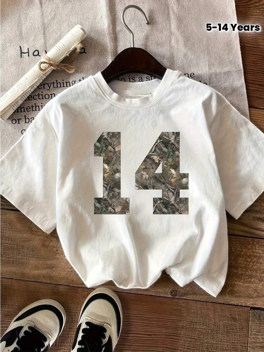 Teen Girls Camo Number 14 Print Cotton T-Shirt - 100% Pure Cotton Soft & Comfortable Short Sleeve Top, Regular Fit Casual Shirt For Spring Summer Fall, Easy Care Round Neck Geometric Design, Everyday Comfort, Relaxed Style, Medium Stretch Fabric - trắng - Xem 1