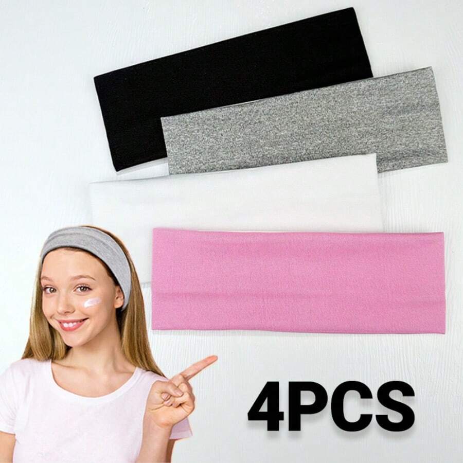 4 Pieces Of Women's Elastic Wide Headbands - Solid Color Headscarf Style, Elastic Yoga And Exercise Straps - Black, Gray, White, Pink - Comfortable And Supportive Of An Active Lifestyle, Yoga Headbands | Casual Headwear | Elastic Fabric - 彩色 - 查看 1