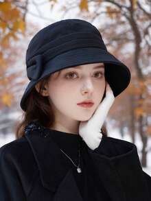 1 szt. damski jesienny kapelusz rybaka z kokardą, zimowy kapelusz typu bucket z długim rondem, elegancki, ciepły kapelusz typu bucket w jednolitym kolorze, odpowiedni do codziennego noszenia jesienią/zimą i jesiennymi strojami