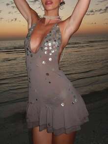 Women's Sequin Halter Neck Mini Dress Sheer Ruffled Hem Flounce Detail Stunning Evening Party Gown  Clubwear - 灰色 - 查看 3