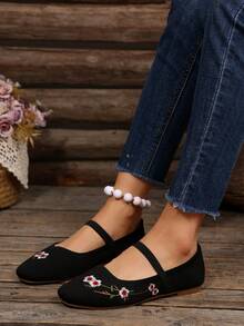 Zapatos planos de mujer para otoño/invierno con suela suave, punta cuadrada, banda elástica y bloques de color, aptos para uso interior y exterior - Bordado negro - Ver 2
