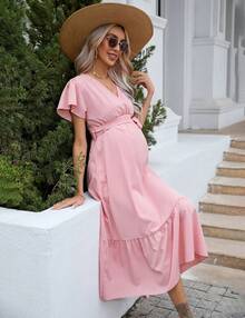 GoyRrbay Maternity Dress Women's V-Neck Short Sleeve Floral Maxi Dress - Hồng - Xem 3