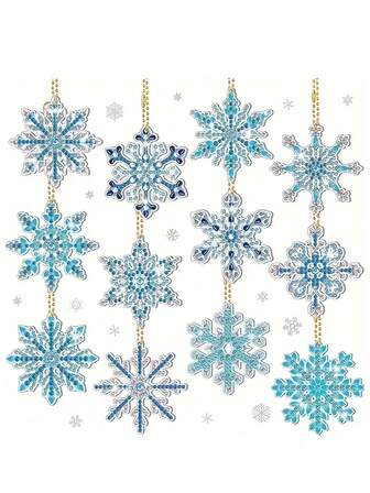 12pcs Winter Snowflake Diamond Painting Kit, 5D DIY Diamond Art Keychain Christmas Snowflake Decor