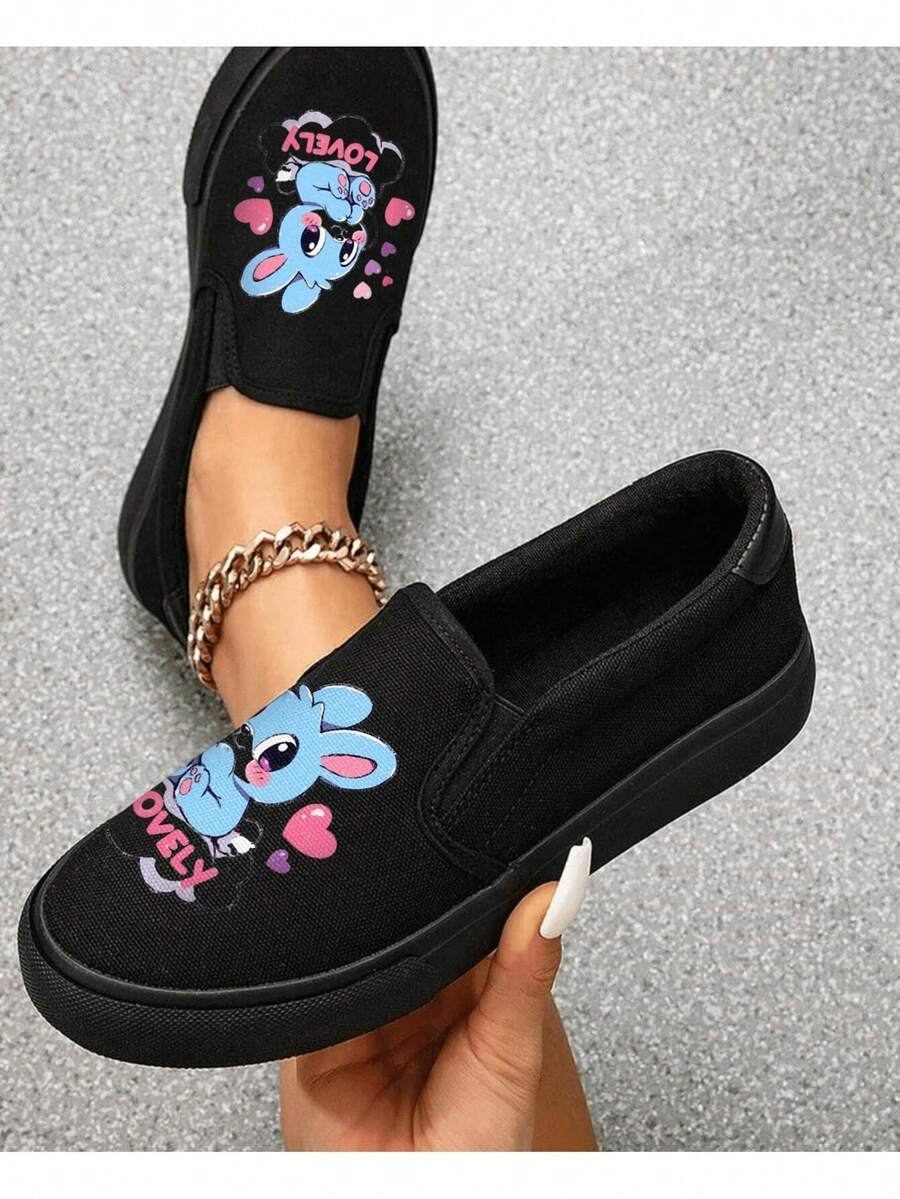Tenis casuales para mujer tipo slip-on con estampado tierno, punta redonda, suela plana, estilo cute para uso diario