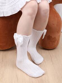 3 双女孩膝盖高袜带蝴蝶结，大腿高袜无跟，百搭洛丽塔风格袜子适合所有年龄段 - 白色 - 查看 10