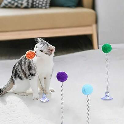 互动猫玩具，配有毛绒球、金属弹簧逗猫棒和吸盘底座 - 色彩鲜艳，无需电池，经久耐用，适合所有猫咪品种，激发狩猎本能，带来玩耍乐趣，狩猎模拟玩具，活跃猫咪玩具，毛绒球玩具，室内猫玩具