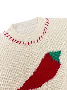 Women's New Apricot Crew Neck Drop Shoulder Long Sleeve Jacquard Splice Chili Graphic Knit Pullover Sweater, Fashionable Casual Minimalist Y2K Streetwear Christmas New Year Sweater, Autumn/Winter - Apricot - View 11