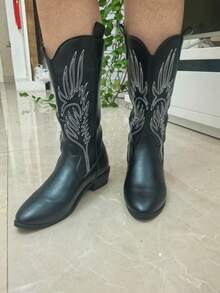 Botas de estilo occidental bordadas vintage para niñas, botas de montar de plataforma retro de media pantorrilla con corte en V, nuevas llegadas de invierno - Negro - Ver 3