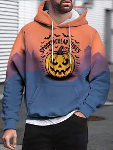 Men's Drawstring Hoodie, Pumpkin & Bat Halloween Graphic, Colorblock Smiling Face 3D Digital Print, Casual Streetwear Sweatshirt For Autumn/Winter