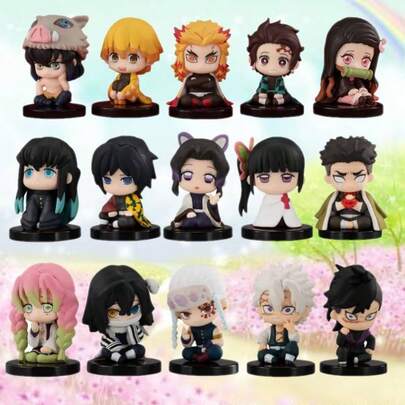 Mini Sitting Figures Set – Tanjiro, Nezuko, Zenitsu, Inosuke & 9 Hashira (Giyu, Shinobu, Kyojuro, Tengen, Mitsuri, Muichiro, Sanemi, Obanai, Gyomei) – Collectible Anime Gift, Desk & Car Decoration For Fans