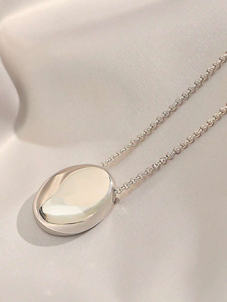 1pc Water Drop Necklace For Women, Simple Daily Commute Versatile Collarbone Chain, Light Luxury Design Sweater Chain, Oval Pendant Long Necklace, Non-Fading Sweater Chain For Women - Silver - View 1