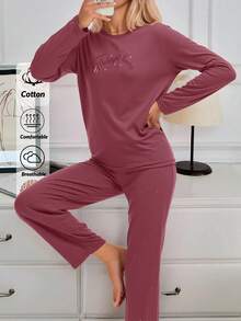 Mirano Slogan Print Short Sleeve Top & Cherry Pattern Long Pants Pajama Set - Lilac Purple - View 1