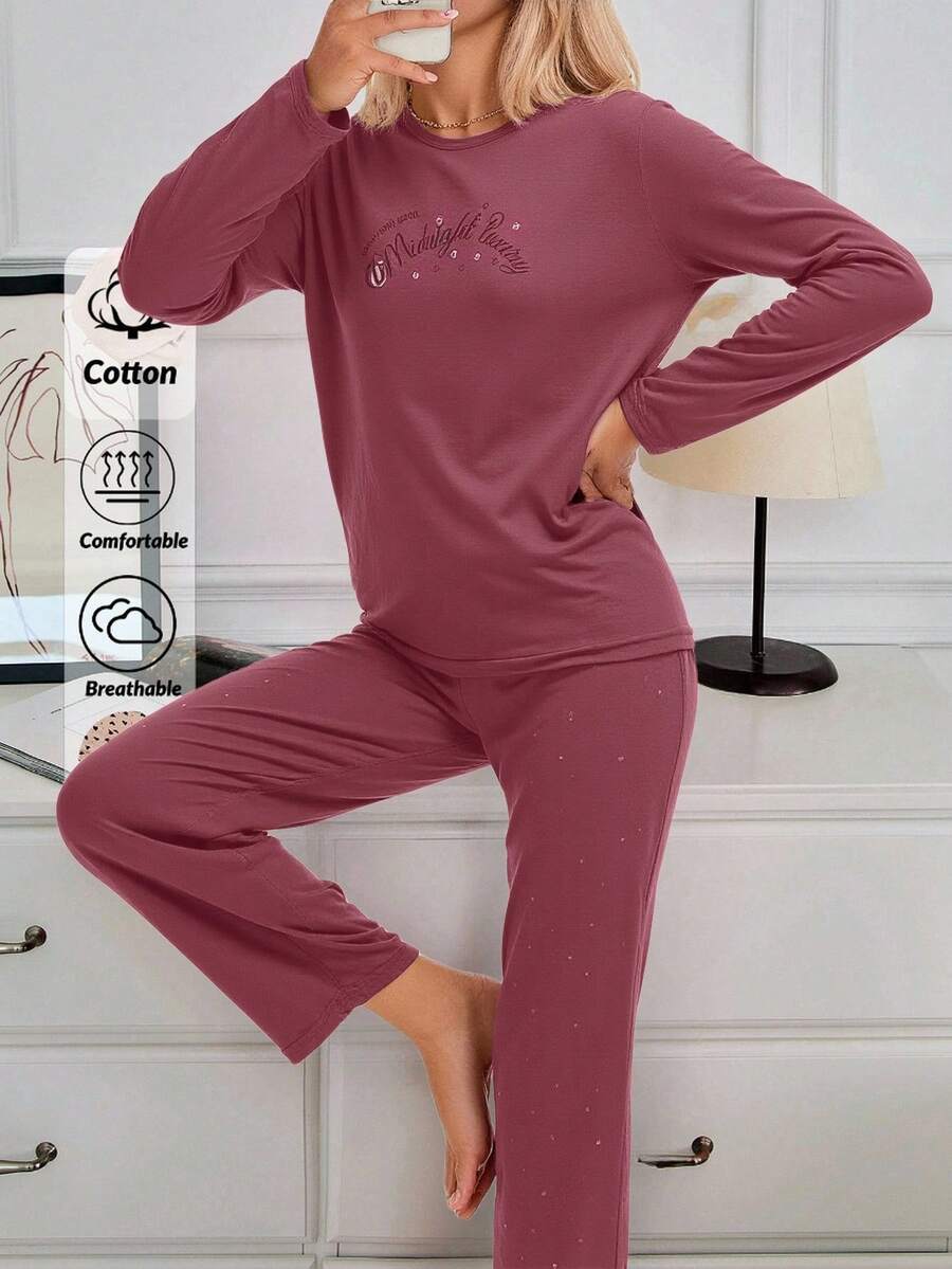 Mirano Slogan Print Short Sleeve Top & Cherry Pattern Long Pants Pajama Set - Lilac Purple - View 1