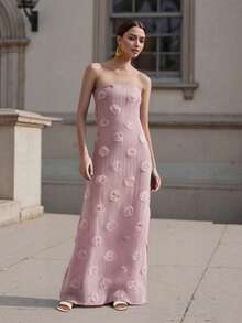 Women Long Dress 3D Flower Tube Dress Summer Fashion Backless Casual Strapless Dress - Hồng - Xem 10