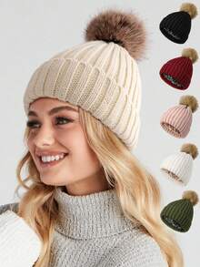Women Winter Beanie Hat Satin Lined Faux Fur Pom Pom Beanies Hat For Women Winter Warm Knit Hats - A - View 13