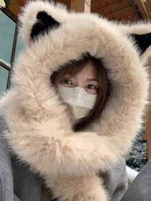 1顶柔软毛绒猫耳帽，带一体式围巾，男女皆宜，冬季保暖时尚，轻盈针织，按扣设计，适合单身派对、毛茸茸的狐狸帽、秋冬季飞行员帽（带围巾）、可爱小熊帽，适合骑行秋季穿搭，情人节礼物 - A - 查看 9