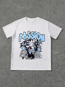 Men's Letter & Star Graphic Loose Round Neck Short Sleeve T-Shirt, World Tour T-Shirt-Premium Cotton Graphic Printed Round Neck T-Shirts - 藍色 - 查看 3