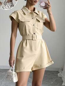 Novedades otoño/invierno: pantalones cortos tipo mono de trabajo para mujer: informales, elegantes, cálidos, modernos, estilo Y2K. Perfectos para salidas, vacaciones, cumpleaños, reuniones y fiestas. Mujer estilo casual jumpsuit sin algodón con botones, ajuste holgado, cuello tipo camisa, manga corta, primavera-verano, uso diario, categoría de moda. - Caqui - Ver 3