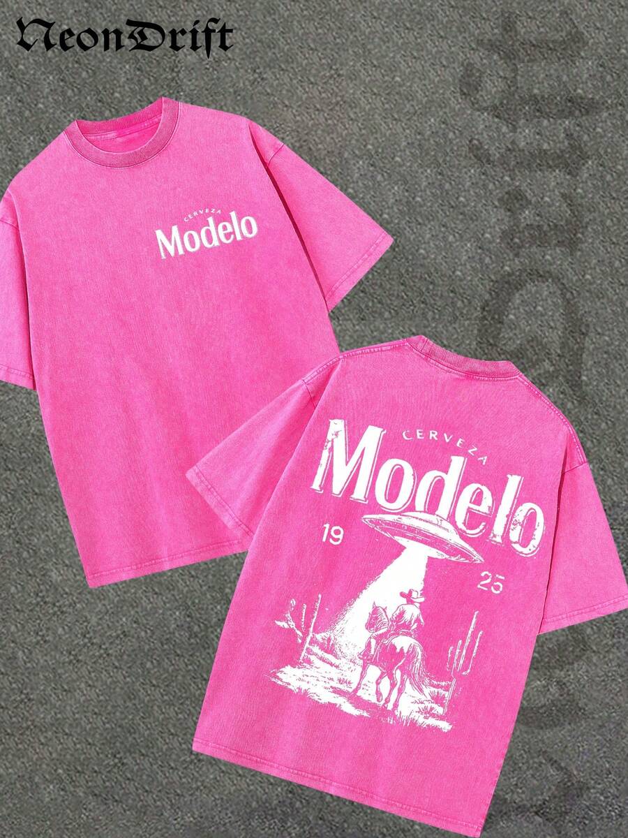 Y2K, Cool,UFO,Outdoor Sport,Modern Streets,Fashionable Pure Cotton Vintage Washed Men's T-Shirt, A Surprise Gift For Family And Friends, With Drooping Shoulder Sleeves And Round Neck,High-Quality Batik Cotton Retro Fashion Brand T-Shirt,A Certain Thickness Suitable For Summer T-Shirts, Holiday Gifts. - Màu Hồng Tươi - Xem 1