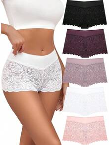 Lace Boy Shorts Cheeky Panties Breathable Womens Underwear Stretch Cotton Waistband Underwear Women 5 Pack - A-多色(5 件裝) - 查看 10