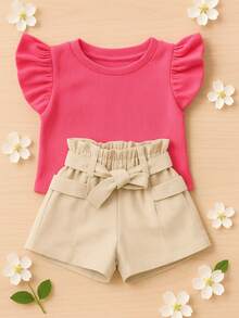 Children's Set Cropped Frufru Blouse + Linen Clochard Shorts Kit With 2 Super Stylish Pieces CJI033 - Nude dan Bubblegum Pink - View 1