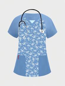 cimmuovere Women's V-Neck Multi-Pocket Top, Hospital Nursing Fashion Scrub Top, Printed High-Quality Doctor Surgical Gown, Women's Hospital Accessories, Pediatric Clinical Tops