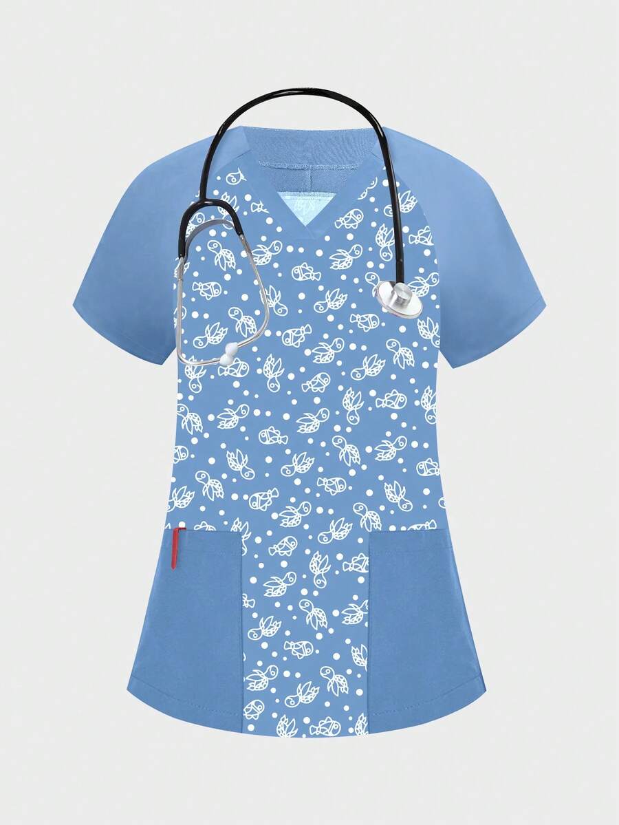 cimmuovere Women's V-Neck Multi-Pocket Top, Hospital Nursing Fashion Scrub Top, Printed High-Quality Doctor Surgical Gown, Women's Hospital Accessories, Pediatric Clinical Tops