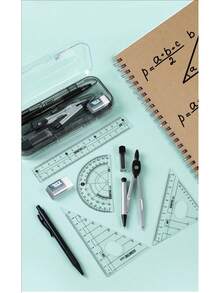 Set de 8 piezas de herramientas de dibujo geométrico para volver a la escuela, que incluye compás, lápiz mecánico, transportador, regla, juego de triángulos y caja de almacenamiento, adecuado para uso escolar, oficina y hogar