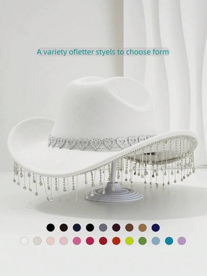 1 pieza Sombrero de fieltro de ala ancha de unicolor para mujer, decorado con anillo de metal con forma de corazón y colgante con borla, elegante para actuaciones en el escenario, fiestas, estilo vaquero occidental, diseño unisex, versátil