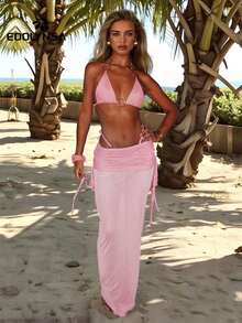 Sheer 3 PiecesBikini Sets 2025 Swimwear Nightclub Partywear Brazilian Swimsuit O-Ring Bathing Suit With Skirt Thong Biquini