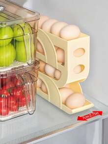 1 pieza Soporte para huevos para refrigerador, dispensador de huevos giratorio, recipiente de almacenamiento de huevos de dos niveles, estante de huevos alimentado por gravedad automático, organizador de despensa de cocina ahorra espacio, accesorio esencial para cocineros en el hogar, regalo práctico de inauguración de la casa para amigos y familiares
