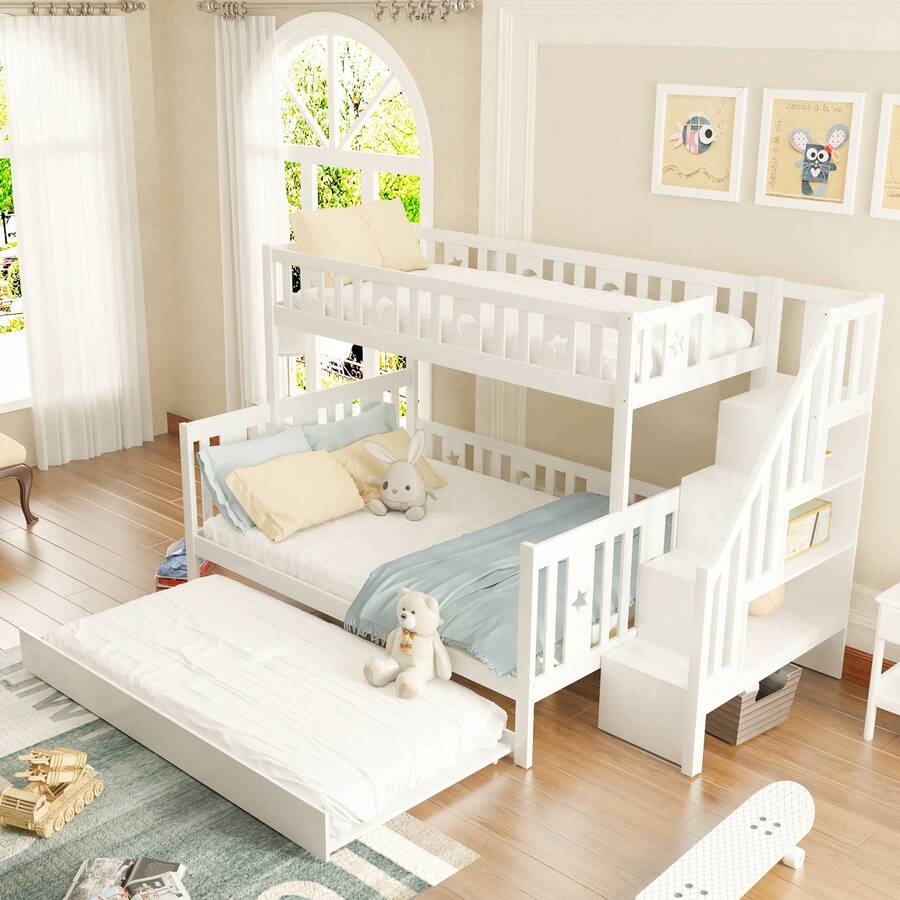 Letto per bambini 90x200 cm, letto a castello in legno massello con scala e letto estraibile, rete a doghe, ampio spazio di archiviazione, bianco