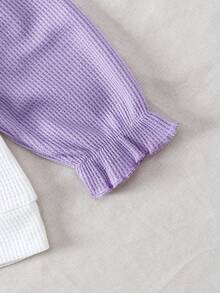 2-częściowy dziewczęcy, swobodny top z materiału waflowego z kołnierzykiem w kwiaty, z długim rękawem i jednokolorowymi spodniami dzwonami, wiosna/jesień