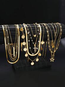 11/10/4pcs Fashionable Minimalist Gold Butterfly, Heart, Cross, Star, Moon, Faux Pearl Multi-Layer Necklace Set, Women's Birthday, Vacation, Party, Christmas Gift, Match With Daily Outfits, Party Accessories - 金黃色 - 查看 9