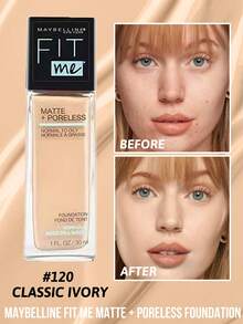 Maybelline 美宝莲 Fit Me 哑光无孔粉底液，#120，持久，24 小时控油，哑光效果，遮瑕，缩小毛孔，SPF 17，自然妆效，质地柔滑，轻盈透气，抗氧化成分，适合所有肤质，敏感肌肤友好，日常使用或户外活动。 - #120 Classic Ivory - 查看 1